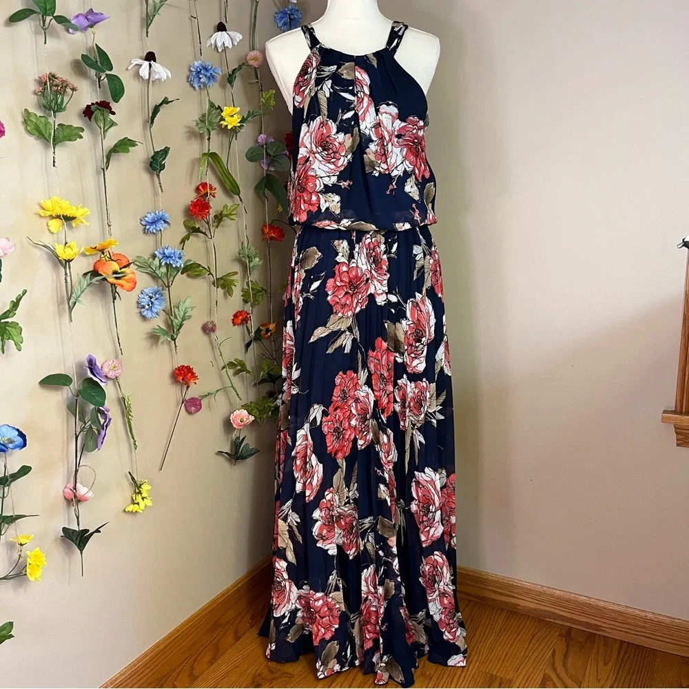 Bisou Bisou Navy Floral Maxi with tie on back